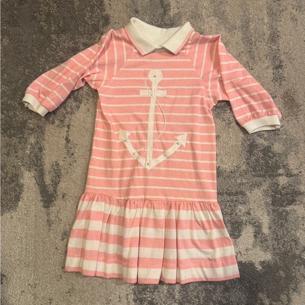Girls Pink Striped Dress with Anchor Design